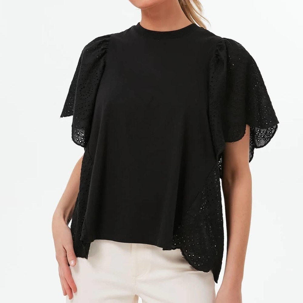 Black Eyelet Flutter Sleeve Top - Women